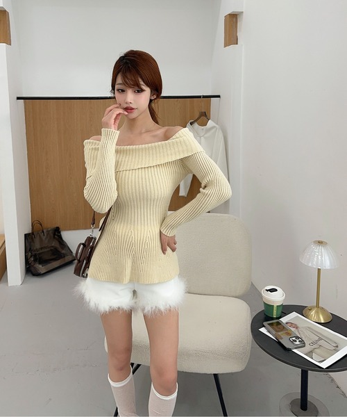 セール】【Jasmine】オフショルダーフレニットプルオーバー