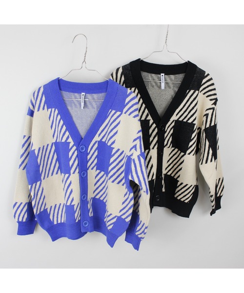 セール】【綿100％】ブロックチェックニットカーディガン