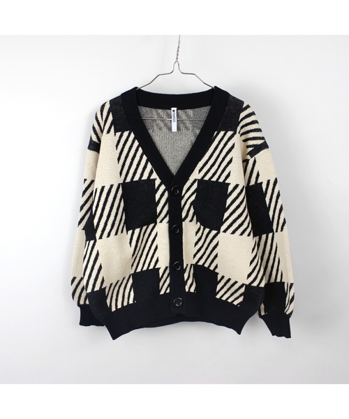 セール】【綿100％】ブロックチェックニットカーディガン