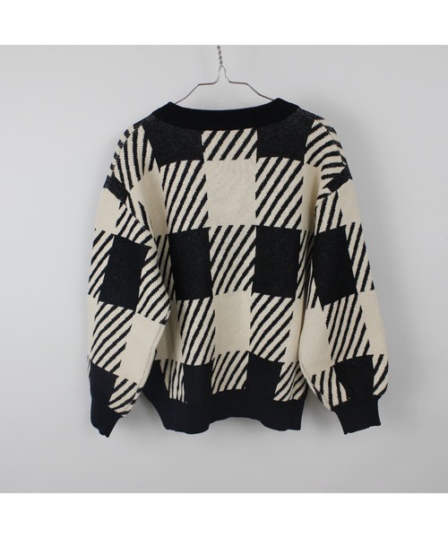 セール】【綿100％】ブロックチェックニットカーディガン