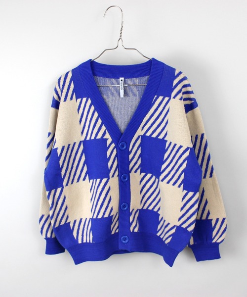 セール】【綿100％】ブロックチェックニットカーディガン