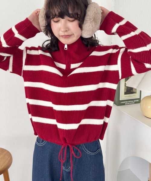 セール】ハーフジップボーダーニットトップス（ニット/セーター