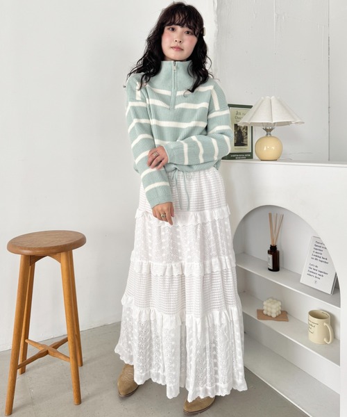 セール】ハーフジップボーダーニットトップス（ニット/セーター