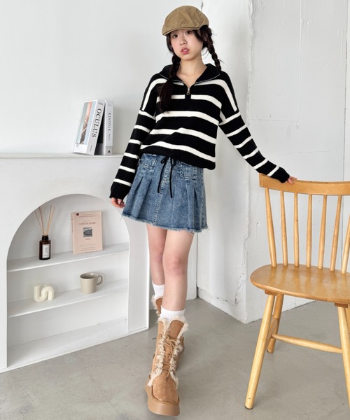 セール】ハーフジップボーダーニットトップス（ニット/セーター