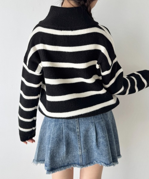 セール】ハーフジップボーダーニットトップス（ニット/セーター