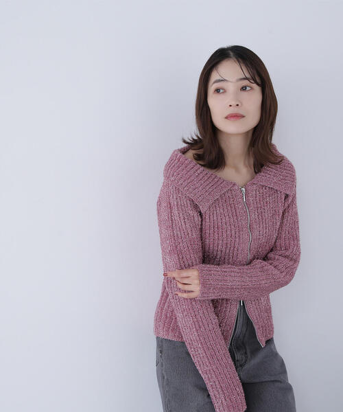 NATURAL BEAUTY BASIC(ナチュラルビューティーベーシック)の「◇ラメシャギージップニット(カーディガン/ボレロ・レディース・ベージュ/ピンク/グレー・FREE)」の1枚目の写真