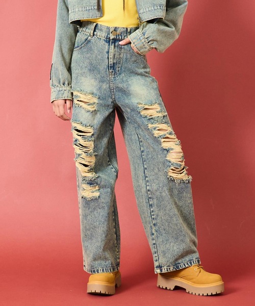 ハート ポケット クラッシュ デニム ワイドパンツ【キッズお揃い