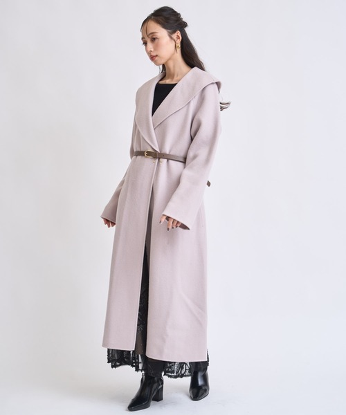 EPOCA　レザーベルト付　ニット切り替え リバーコート　38 ジュノア JUNOAH PUレザーベルトスタンドカラーコート （ブラック