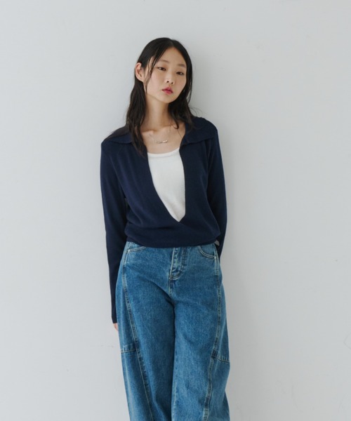 セール】Collar Deep V Knit Top / カラーディープVニットトップ（T