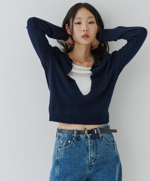 セール】Collar Deep V Knit Top / カラーディープVニットトップ（T