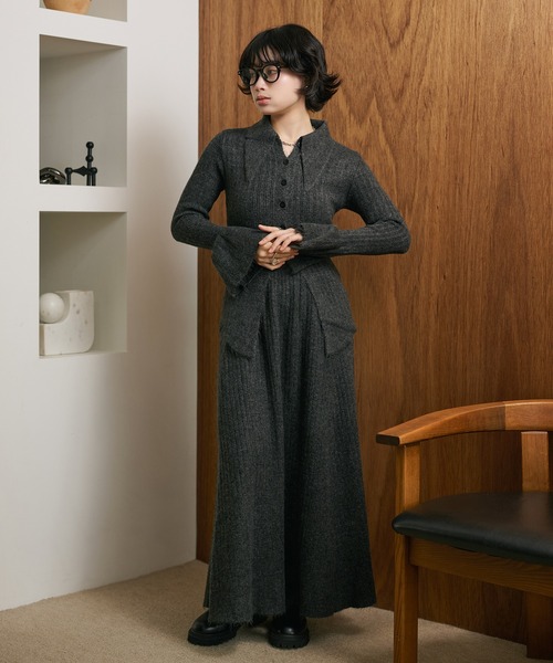 front slit collared button knit set up /フロントスリットボタン襟