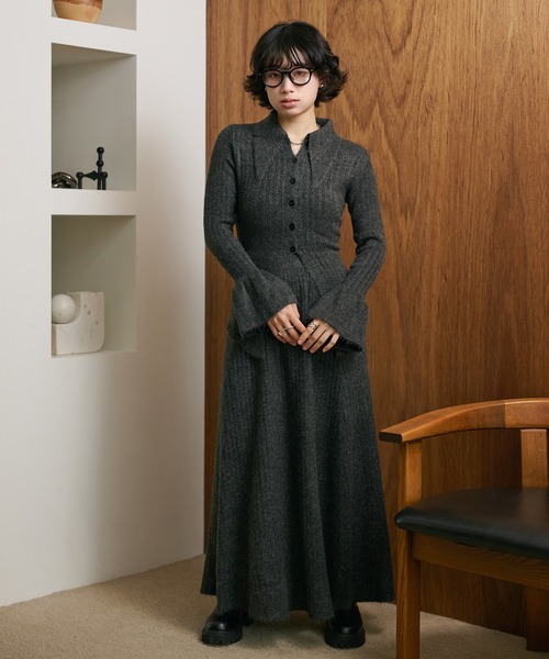 front slit collared button knit set up /フロントスリットボタン襟