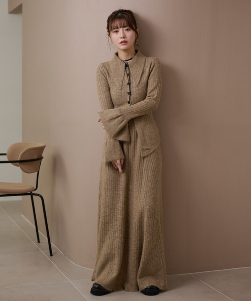 front slit collared button knit set up /フロントスリットボタン襟