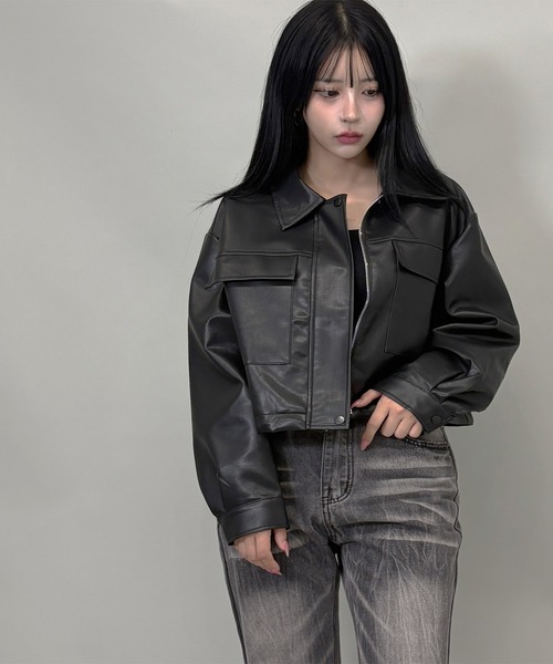 FOLLOWIN（フォロウィン）の「【ドローコード付き】フェイクレザーショット丈ジャケット（ライダースジャケット・レディース・ブラウン/ブラック・FREE）」の10枚目の写真