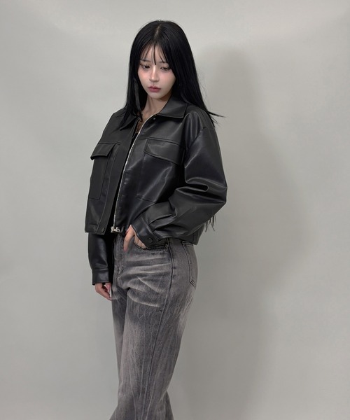 FOLLOWIN（フォロウィン）の「【ドローコード付き】フェイクレザーショット丈ジャケット（ライダースジャケット・レディース・ブラウン/ブラック・FREE）」の9枚目の写真