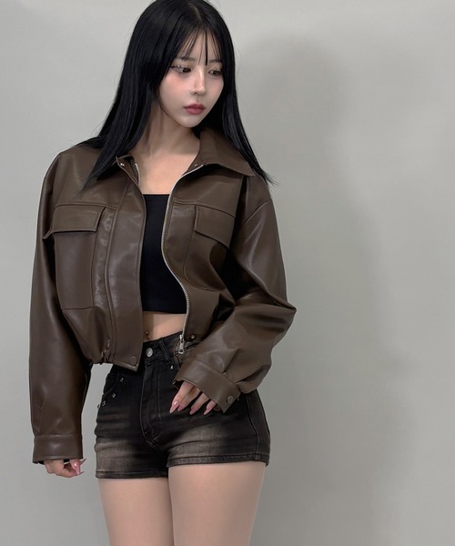 ドローコード付き】フェイクレザーショット丈ジャケット（ライダース