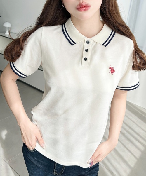 U.S. POLO ASSN.(ユーエスポロアッスン)の「moment+別注【U.S.POLO ASSN.】ワンポイント刺繍配色ラインリブ半袖ポロシャツ(ポロシャツ・レディース・杢グレー/ブラック/アイボリー/ネイビー・M/L)」の11枚目の写真