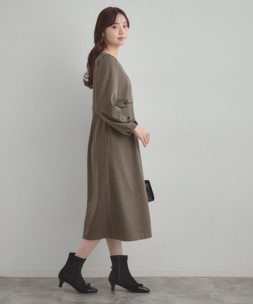 セール】【通勤・起毛ポンチ】配色Aラインワンピース（ワンピース