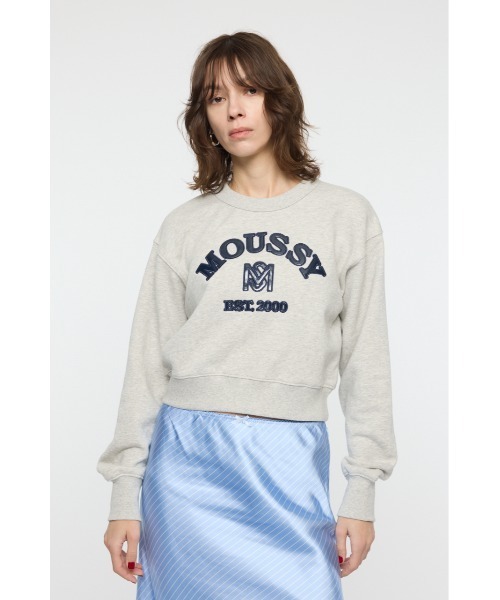 MOUSSY(マウジー)の「MOUSSY F/LEATHER PATCH プルオーバー(スウェット・レディース・ネイビー/ピンク/オフホワイト/杢グレー・FREE)」の3枚目の写真
