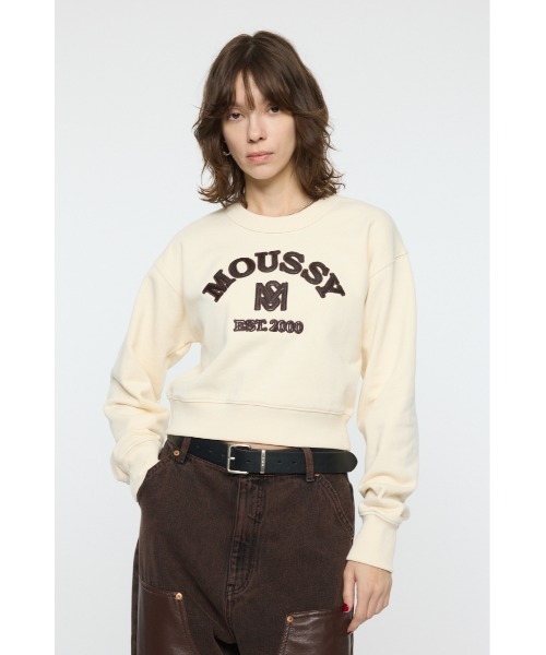 MOUSSY(マウジー)の「MOUSSY F/LEATHER PATCH プルオーバー(スウェット・レディース・ネイビー/ピンク/オフホワイト/杢グレー・FREE)」の2枚目の写真