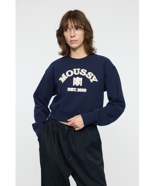 MOUSSY(マウジー)の「MOUSSY F/LEATHER PATCH プルオーバー(スウェット・レディース・ネイビー/ピンク/オフホワイト/杢グレー・FREE)」の5枚目の写真