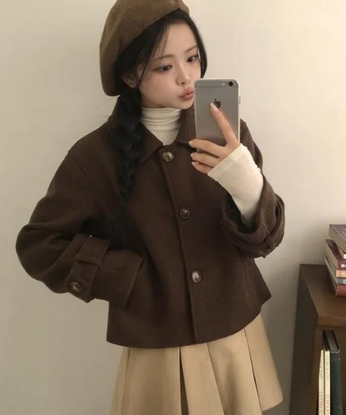 semplice（センプリチェ）の「ショートコート【韓国ファッション】（その他アウター・レディース・ブラウン/ベージュ・F）」の6枚目の写真