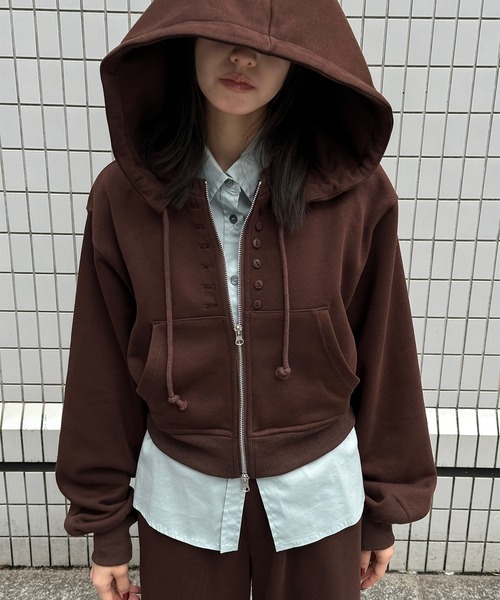 Perushu(ペルーシュ)の「5 way big hood double zip sweat hoodie/5WAY ビッグフード ダブルジップ スウェットフーディー(パーカー・レディース・オートミール/チャコールグレー/ブラウン・SMALL/MEDIUM)」の2枚目の写真
