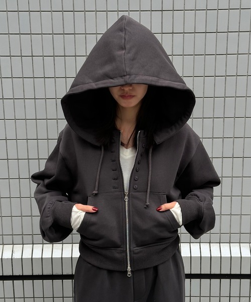 Perushu(ペルーシュ)の「5 way big hood double zip sweat hoodie/5WAY ビッグフード ダブルジップ スウェットフーディー(パーカー・レディース・オートミール/チャコールグレー/ブラウン・SMALL/MEDIUM)」の1枚目の写真