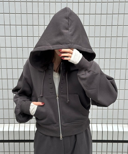 Perushu(ペルーシュ)の「5 way big hood double zip sweat hoodie/5WAY ビッグフード ダブルジップ スウェットフーディー(パーカー・レディース・オートミール/チャコールグレー/ブラウン・SMALL/MEDIUM)」の4枚目の写真