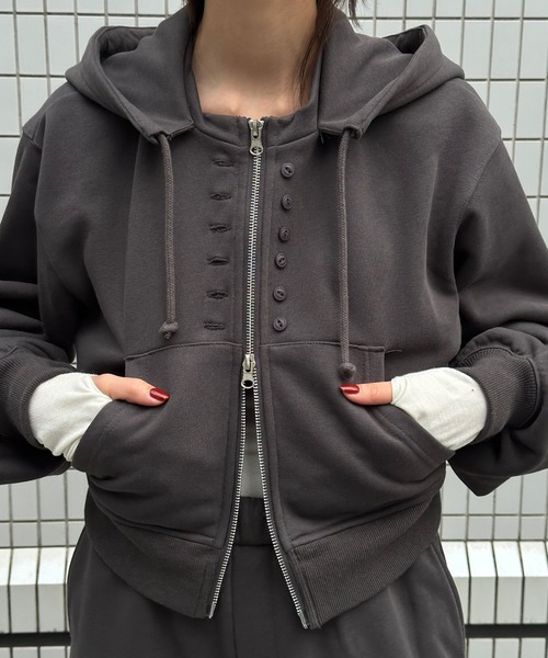 Perushu(ペルーシュ)の「5 way big hood double zip sweat hoodie/5WAY ビッグフード ダブルジップ スウェットフーディー(パーカー・レディース・オートミール/チャコールグレー/ブラウン・SMALL/MEDIUM)」の10枚目の写真
