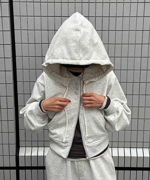 Perushu(ペルーシュ)の「5 way big hood double zip sweat hoodie/5WAY ビッグフード ダブルジップ スウェットフーディー(パーカー・レディース・オートミール/チャコールグレー/ブラウン・SMALL/MEDIUM)」の17枚目の写真