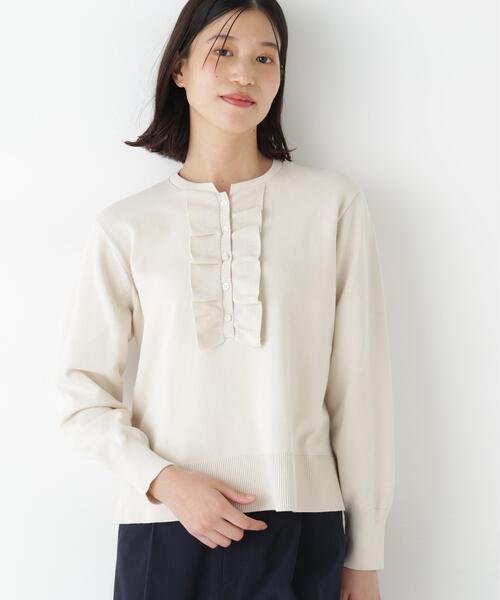 human woman(ヒューマンウーマン)の「◆オーガニックコットン混プレーティング前立フリルプルオーバー(ニット/セーター・レディース・ネイビー/ホワイト系その他・MEDIUM)」の1枚目の写真