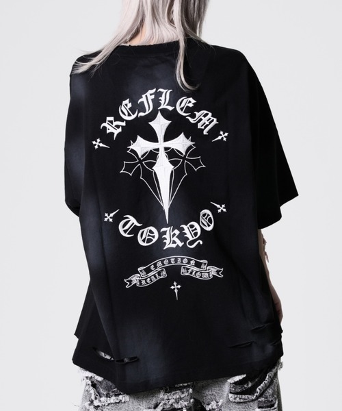 REFLEM（レフレム）の「『REFLEM/レフレム』クロス刺繍ダメージTシャツ/ハーフスリーブカットソー（Tシャツ/カットソー・レディース・ブラック×ホワイト/グレー/ブラック×ピンク/ホワイト×ブラック・FREE）」の3枚目の写真
