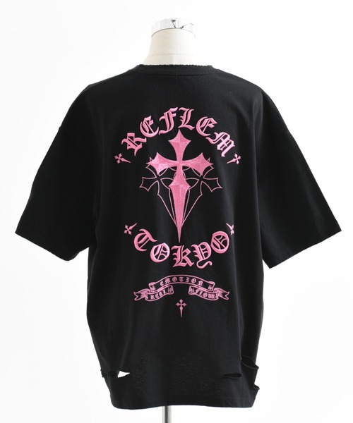 REFLEM（レフレム）の「『REFLEM/レフレム』クロス刺繍ダメージTシャツ/ハーフスリーブカットソー（Tシャツ/カットソー・レディース・ブラック×ホワイト/グレー/ブラック×ピンク/ホワイト×ブラック・FREE）」の10枚目の写真