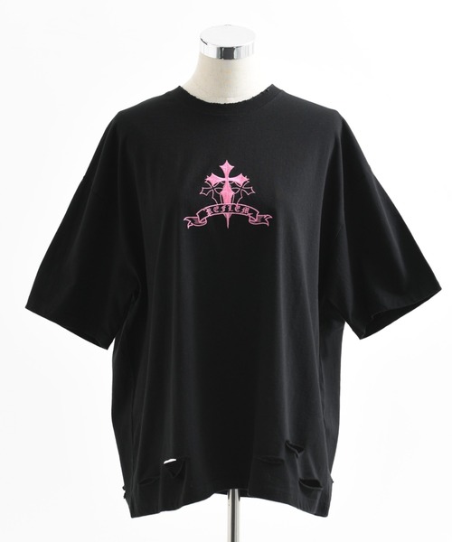 REFLEM（レフレム）の「『REFLEM/レフレム』クロス刺繍ダメージTシャツ/ハーフスリーブカットソー（Tシャツ/カットソー・レディース・ブラック×ホワイト/グレー/ブラック×ピンク/ホワイト×ブラック・FREE）」の8枚目の写真
