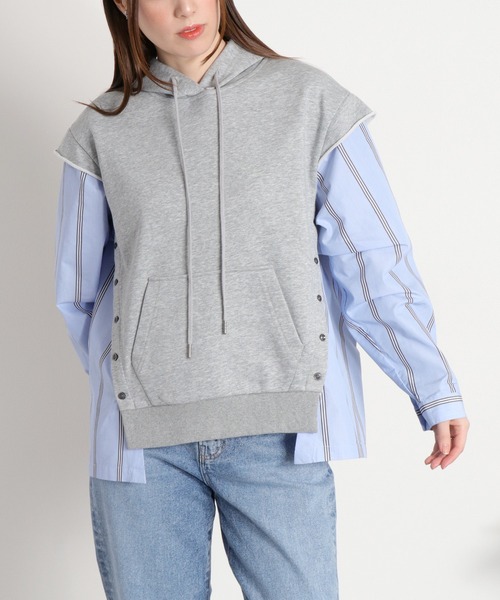 cepo（セポ）の「シャツ生地切り替え 裏毛スウェットパーカー（ポロシャツ・レディース・グレー/オフホワイト・M）」の2枚目の写真