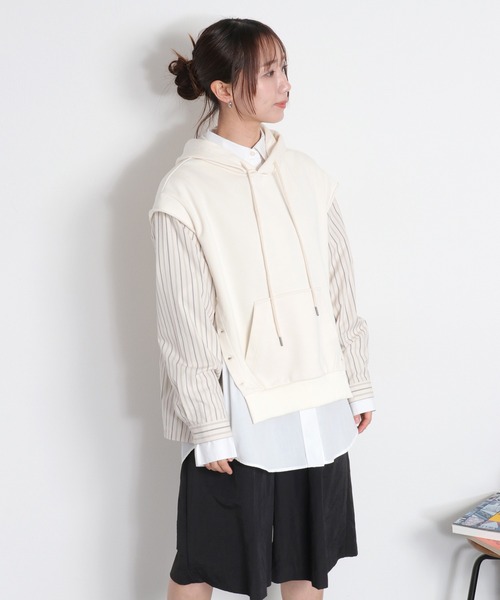 cepo（セポ）の「シャツ生地切り替え 裏毛スウェットパーカー（ポロシャツ・レディース・グレー/オフホワイト・M）」の15枚目の写真