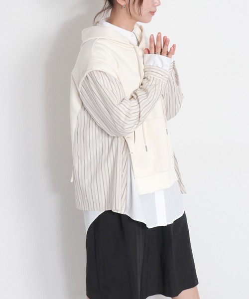 cepo（セポ）の「シャツ生地切り替え 裏毛スウェットパーカー（ポロシャツ・レディース・グレー/オフホワイト・M）」の10枚目の写真