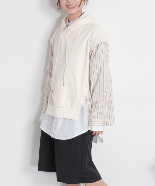 cepo（セポ）の「シャツ生地切り替え 裏毛スウェットパーカー（ポロシャツ・レディース・グレー/オフホワイト・M）」の14枚目の写真