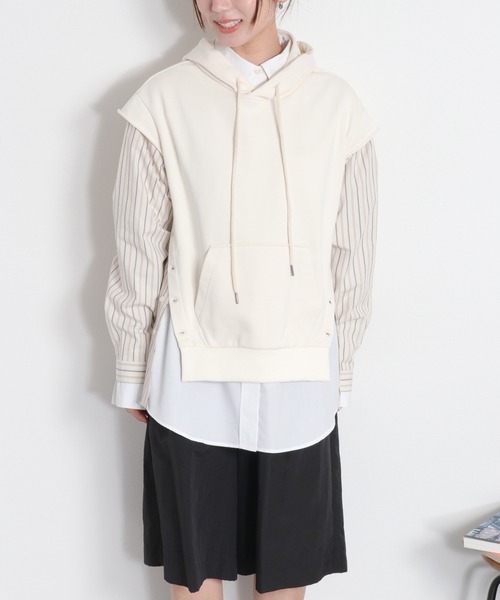 cepo（セポ）の「シャツ生地切り替え 裏毛スウェットパーカー（ポロシャツ・レディース・グレー/オフホワイト・M）」の9枚目の写真