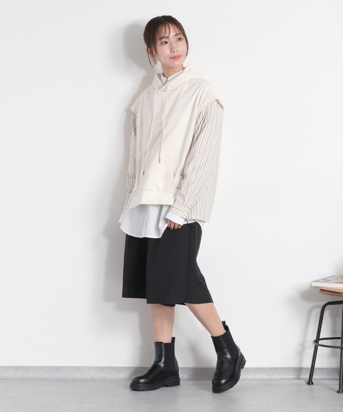 cepo（セポ）の「シャツ生地切り替え 裏毛スウェットパーカー（ポロシャツ・レディース・グレー/オフホワイト・M）」の8枚目の写真