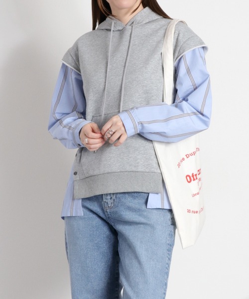 cepo（セポ）の「シャツ生地切り替え 裏毛スウェットパーカー（ポロシャツ・レディース・グレー/オフホワイト・M）」の22枚目の写真