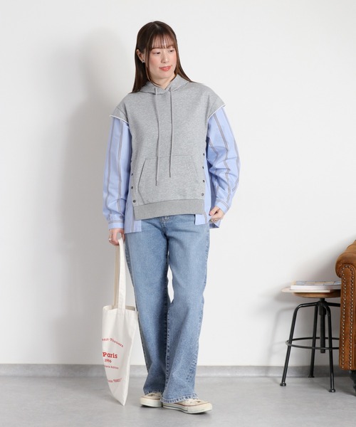 cepo（セポ）の「シャツ生地切り替え 裏毛スウェットパーカー（ポロシャツ・レディース・グレー/オフホワイト・M）」の16枚目の写真