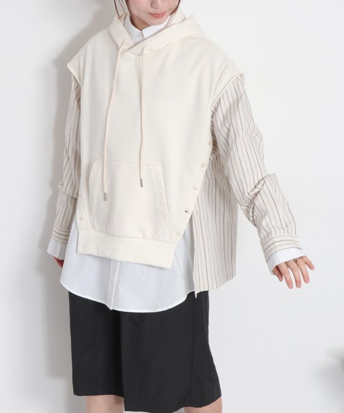cepo（セポ）の「シャツ生地切り替え 裏毛スウェットパーカー（ポロシャツ・レディース・グレー/オフホワイト・M）」の13枚目の写真
