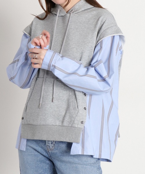 cepo（セポ）の「シャツ生地切り替え 裏毛スウェットパーカー（ポロシャツ・レディース・グレー/オフホワイト・M）」の21枚目の写真