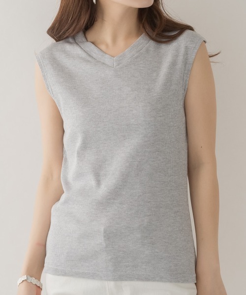 aity（アイティ）の「M-5L Vネックノースリーブ リブカットソー 夏服（Tシャツ/カットソー・レディース・ベージュ/オフホワイト/ブラック/カーキ/杢グレー・4L～5L/LL～3L/M～Ｌ）」の21枚目の写真