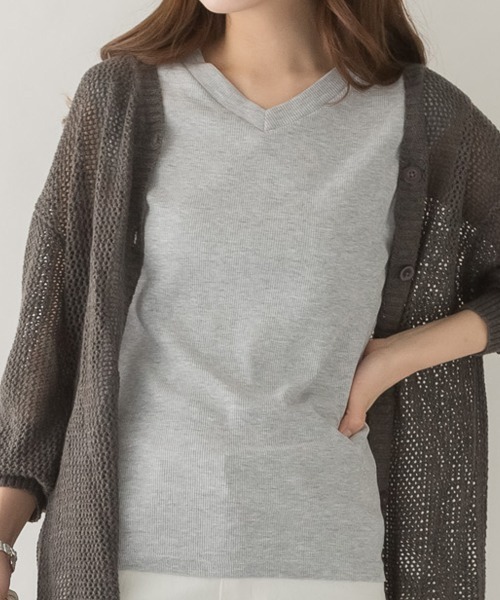 aity（アイティ）の「M-5L Vネックノースリーブ リブカットソー 夏服（Tシャツ/カットソー・レディース・ベージュ/オフホワイト/ブラック/カーキ/杢グレー・4L～5L/LL～3L/M～Ｌ）」の14枚目の写真