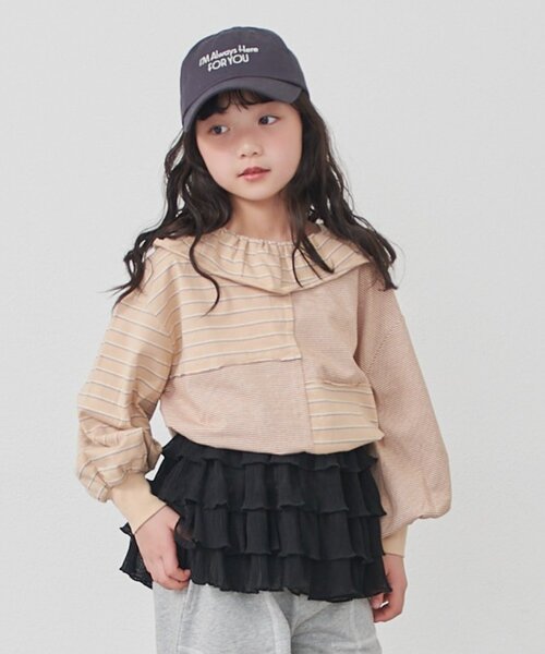 CIAOPANIC TYPY(チャオパニックティピー)の「【KIDS】《ジュニアサイズあり》リメイク風フリルボーダートップス(Tシャツ/カットソー・キッズ・レッド/ベージュ/ブルー・110/130/150)」の1枚目の写真