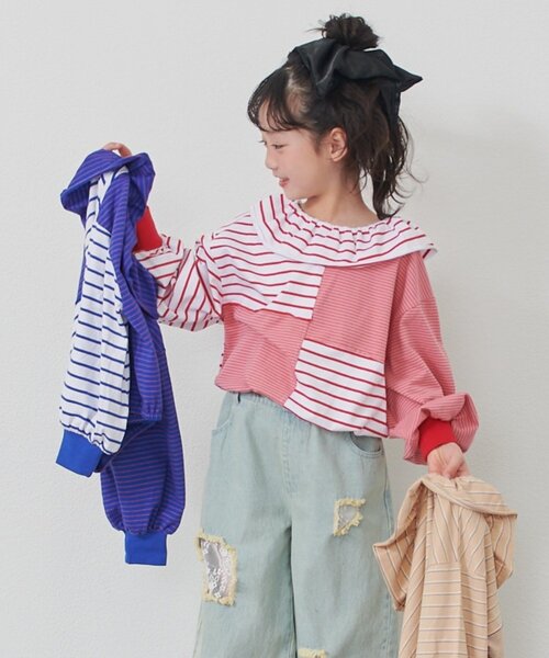 CIAOPANIC TYPY(チャオパニックティピー)の「【KIDS】《ジュニアサイズあり》リメイク風フリルボーダートップス(Tシャツ/カットソー・キッズ・レッド/ベージュ/ブルー・110/130/150)」の3枚目の写真
