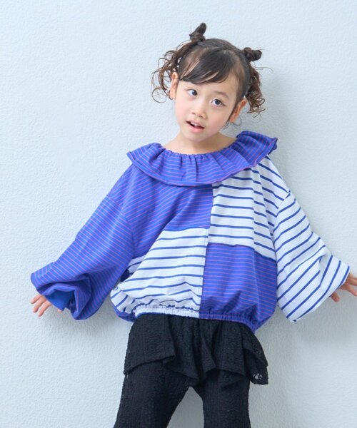 CIAOPANIC TYPY(チャオパニックティピー)の「【KIDS】《ジュニアサイズあり》リメイク風フリルボーダートップス(Tシャツ/カットソー・キッズ・レッド/ベージュ/ブルー・110/130/150)」の2枚目の写真